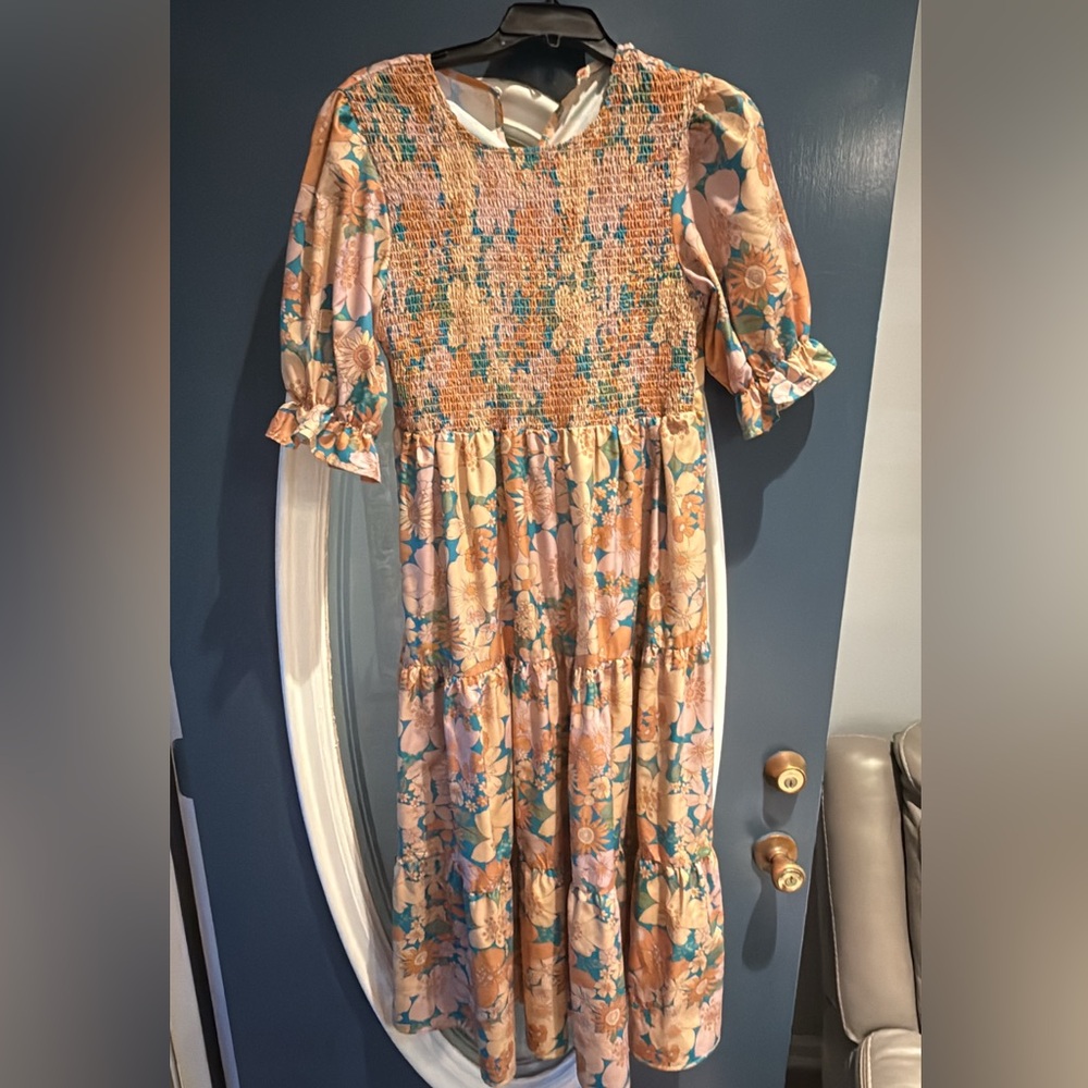 “Marigold” Floral Smocked Midi Dress from Modest Direct Boutique